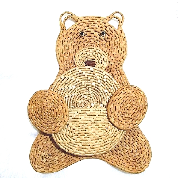 WOVEN STRAW TEDDY TRIVET HOLDER (SET OF 2 TRIVETS) HOME DECOR HOUSEWARES DINING - Picture 2 of 7